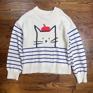 Tea Collection Chat In A Hat Cream Striped Cat Sweater Blue Stripes Cotton 8-10